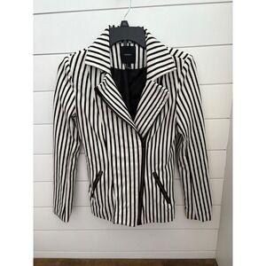 Forever 21 Moto Blazer Size S‎ Black & White Striped Asymmetrical Zip Jacket
